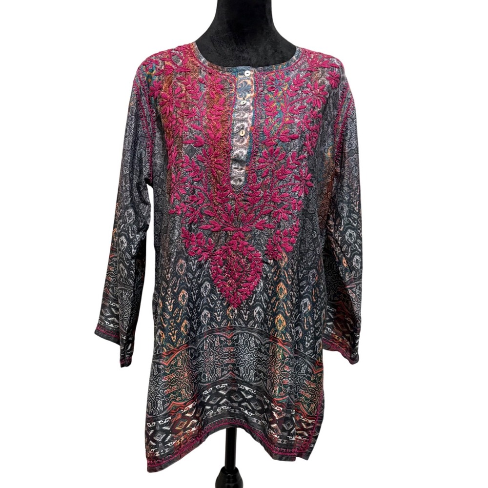 Dolma Women's L Tunic Top Hand Embroidered Silk Blend Print Long‎ Sleeve